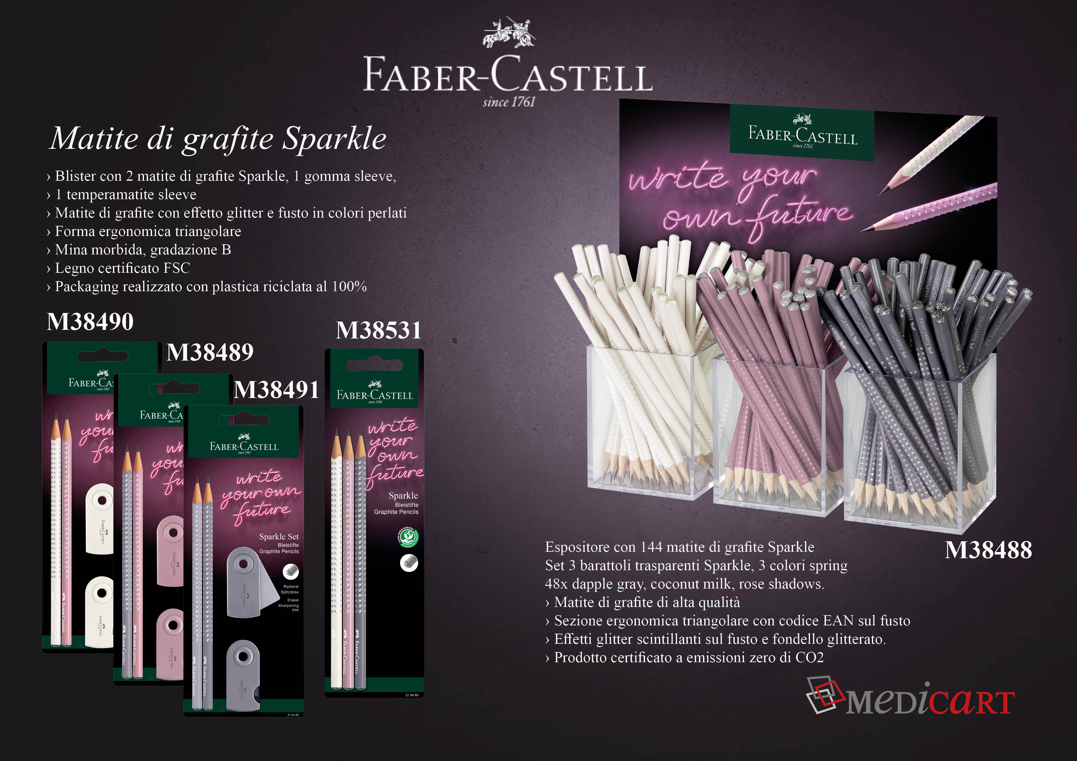 Faber-Castell 3 Matite Grip con Gomma Grigia